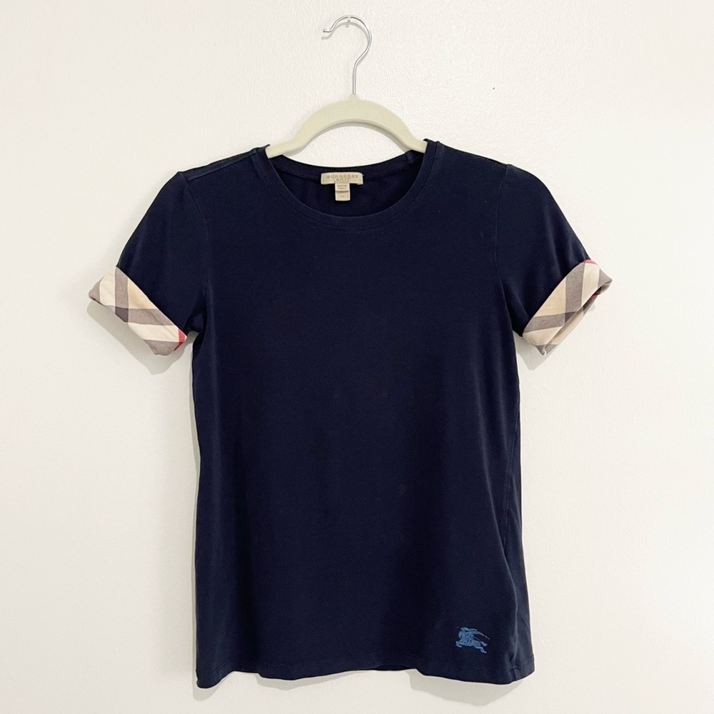 Burberry Brit Navy Blue Cotton Short Sleeve Nova Check Cuff T-Shirt Tee Size XS - Picture 3 of 10